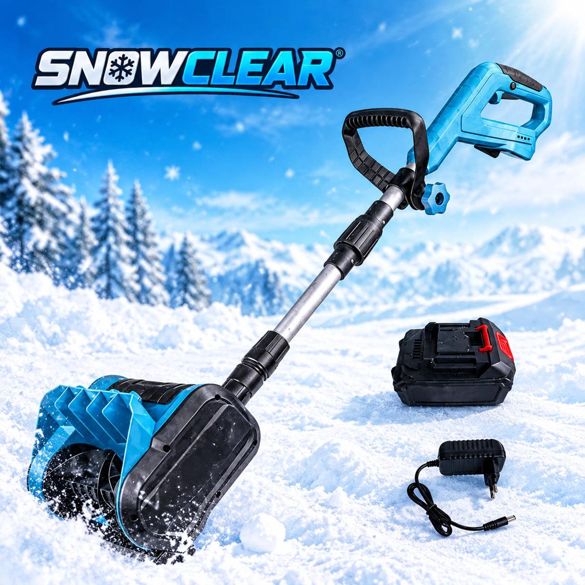 SnowClear™ Shovel in the snow with its 20V battery and charger