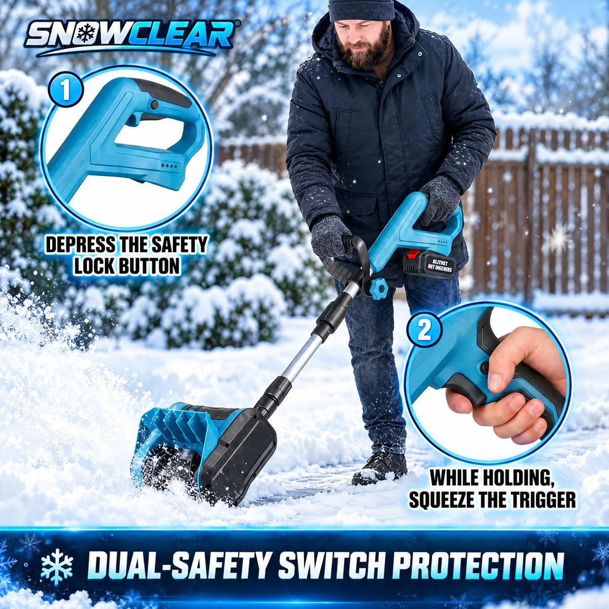 SnowClear™ Shovel dual safety switch: press the lock button, then squeeze the trigger