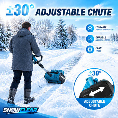 SnowClear™ Shovel with a ±30° adjustable chute clearing a snowy path