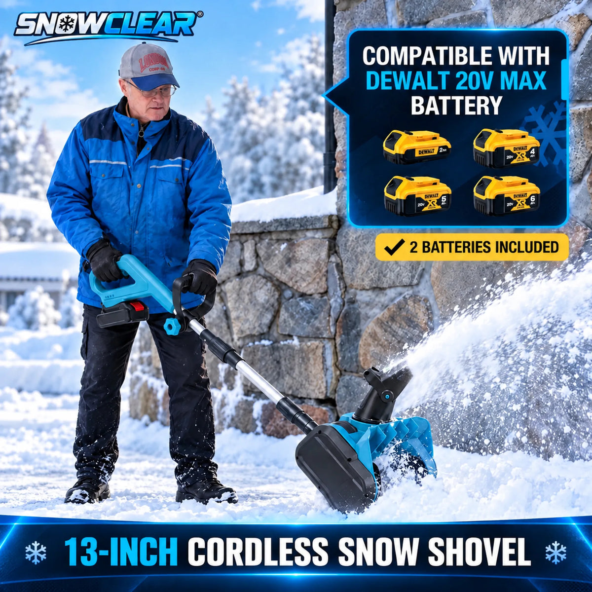 Man clearing snow with the 13-inch SnowClear™ cordless snow shovel, 2 batteries included